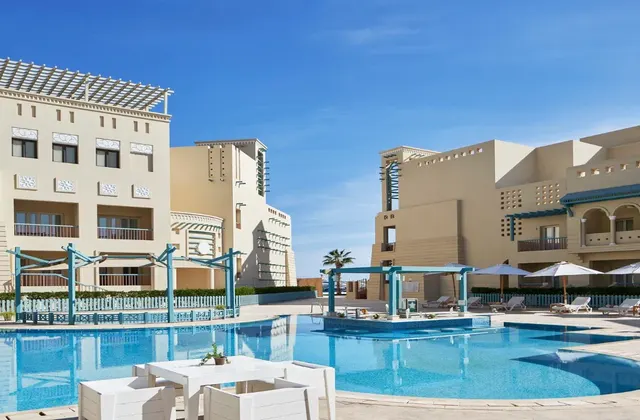 The poolside view of the hotel.