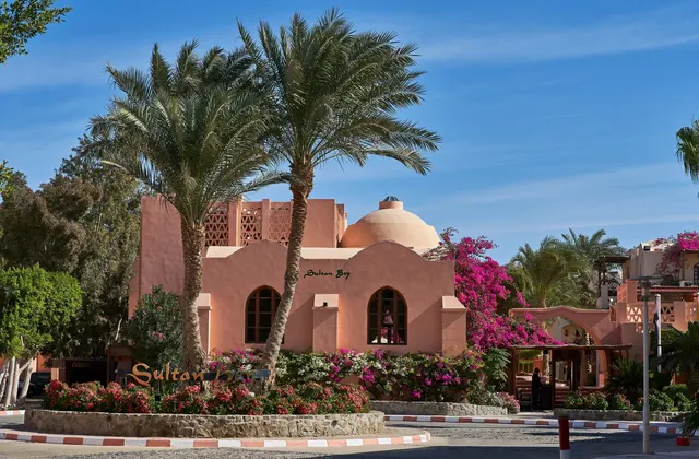 Terracotta-colored hotel building with a domed tower, palm trees and bougainvillea at the entrance