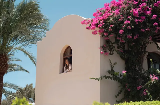 Woman looking out from an arched window of a sand-colored building surrounded by pink bougainvillea