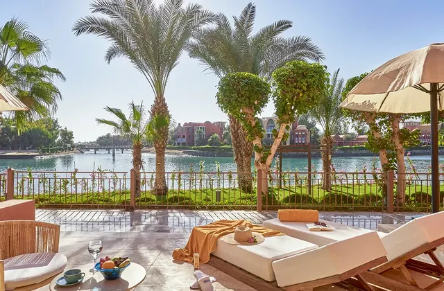 The terrace of a Superior Sea View Room at The Three Corners Ocean View in El Gouna, Red Sea.